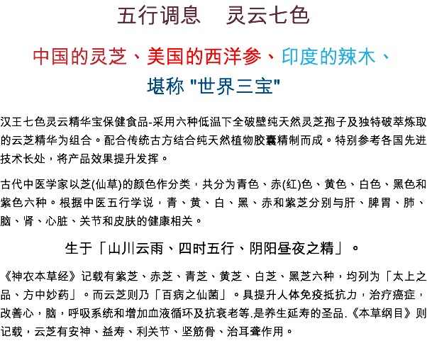 五行調息 靈雲七色
中國的靈芝、美國的西洋參、印度的辣木、
堪稱 "世界三寶" 漢王七色靈雲精華寶保健食品-採用六種低温下全破壁純天然靈芝孢子及獨特破萃煉取的雲芝精華為組合。配合傳統古方結合純天然植物膠囊精製而成。特別參考各國先進技術長處，將產品效果提升發揮。
古代中醫學家以芝(仙草)的顏色作分類，共分為青色、赤(紅)色、黃色、白色、黑色和紫色六種。根據中醫五行學說，青、黃、白、黑、赤和紫芝分別與肝、脾胃、肺、腦、腎、心臟、關節和皮膚的健康相關。
生於「山川雲雨、四時五行、陰陽晝夜之精」。
《神農本草經》記載有紫芝、赤芝、青芝、黃芝、白芝、黑芝六種，均列為「太上之品、方中妙藥」。而雲芝則乃「百病之仙菌」。具提升人體免疫抵抗力，治療癌症，改善心，腦，呼吸系統和增加血液循環及抗衰老等.是養生延壽的聖品.《本草綱目》則記載，雲芝有安神、益壽、利關節、堅筋骨、治耳聾作用。